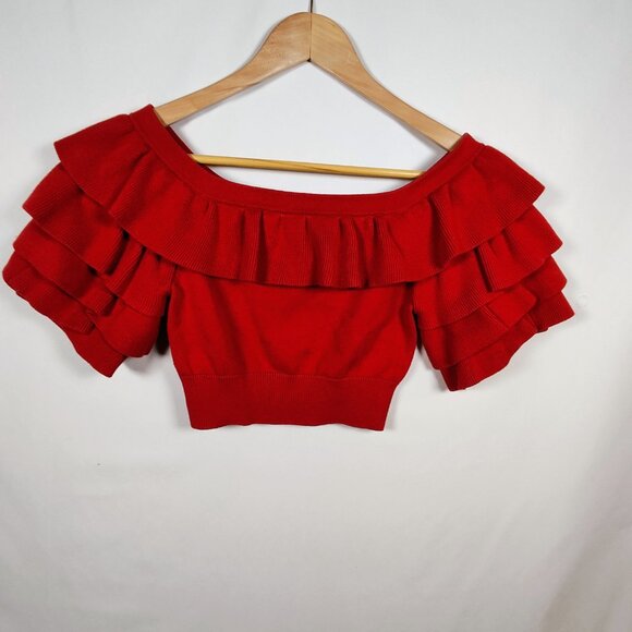 Marissa Webb Women's XS Red Off the Shoulder Ruffled Crop Top - Picture 1 of 8